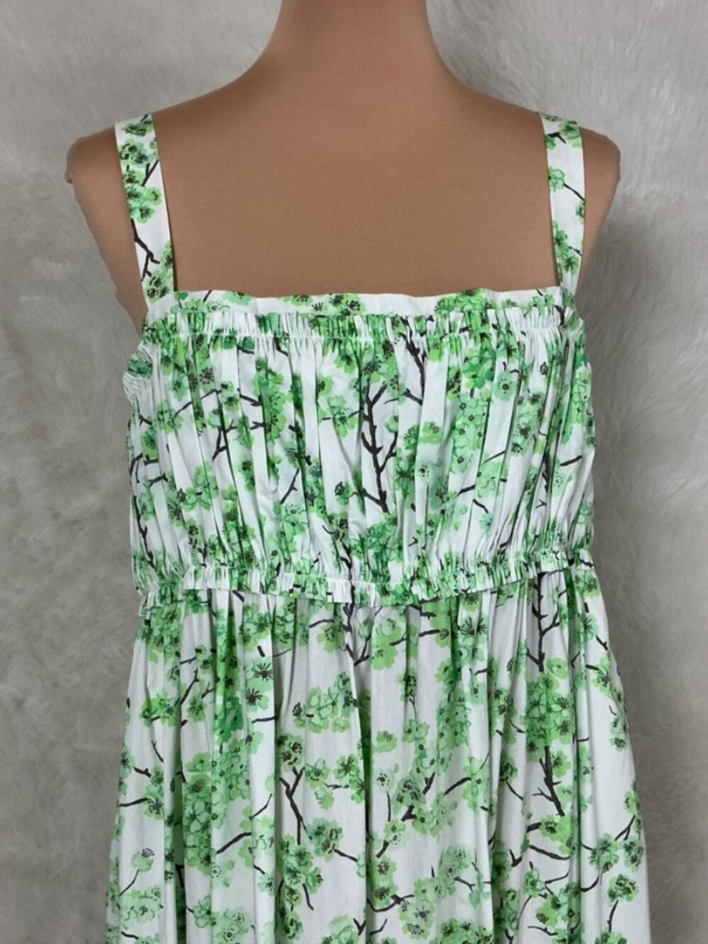 J. Crew Sleeveless Gathered Tank Midi Dress Lime Green Cherry Blossoms NWT 16 - Picture 2 of 8